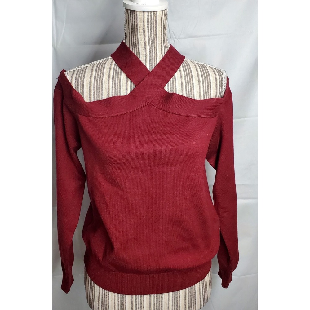 blu ivy‎ Maroon Red 3/4 Sleeve Crop Cold Sholder Top, NWT